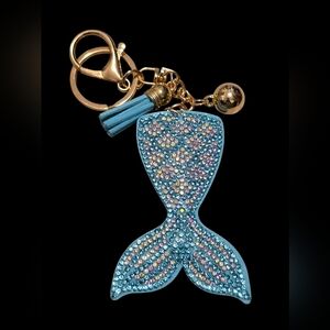 Blue Mermaid Tail Bag Charm Keychain with Gold Accents